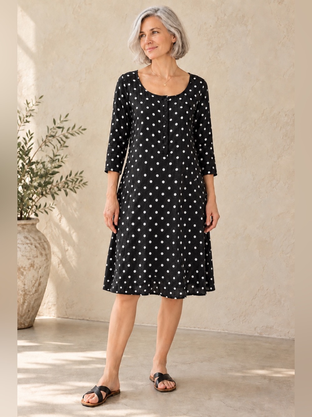 FLAX 100% Linen Polka Dot Dress Small Black White Artsy Lagenlook